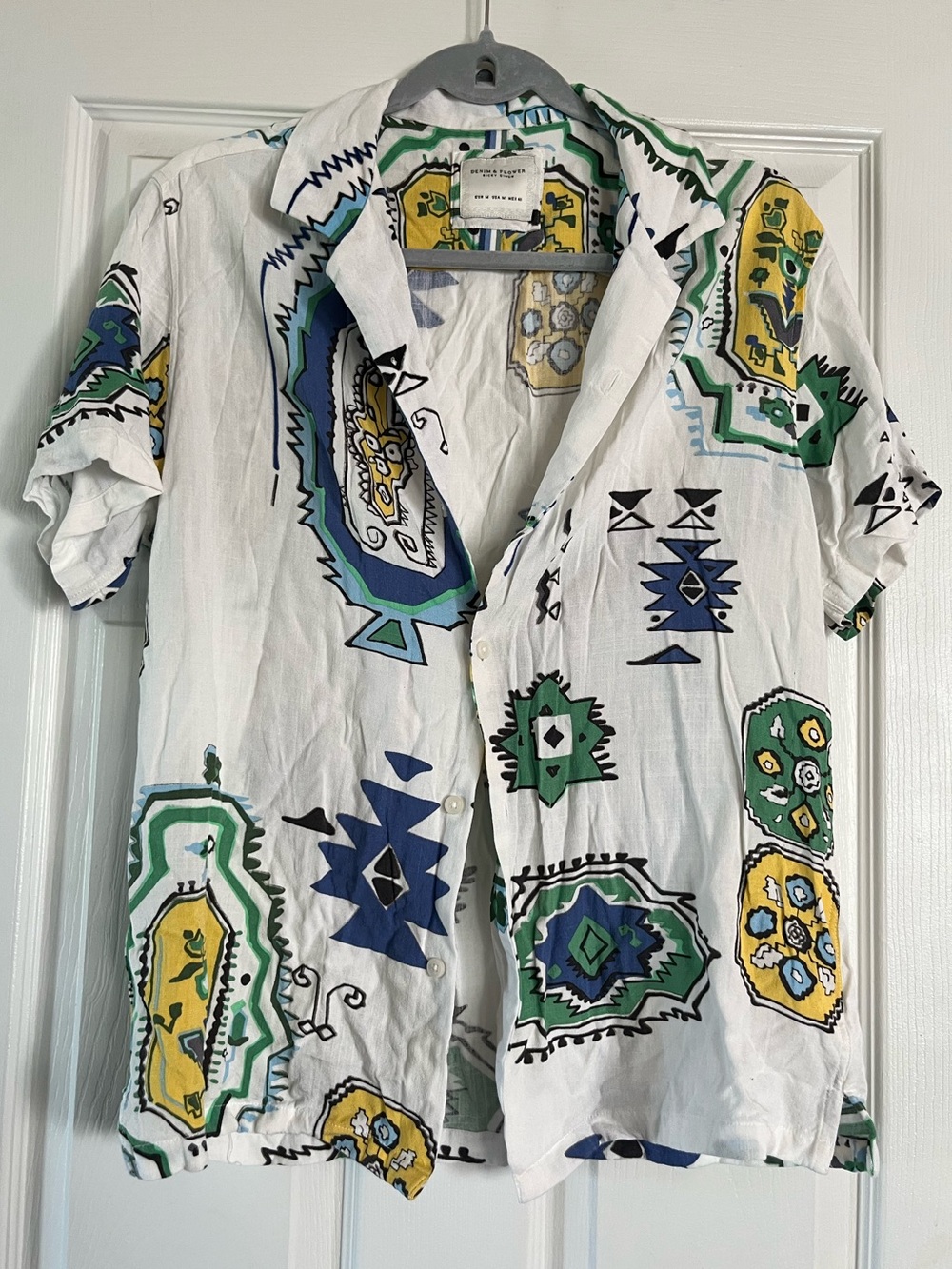 Denim & Flower White Shirt with Green, Blue & Yellow Tribal Geometric Print